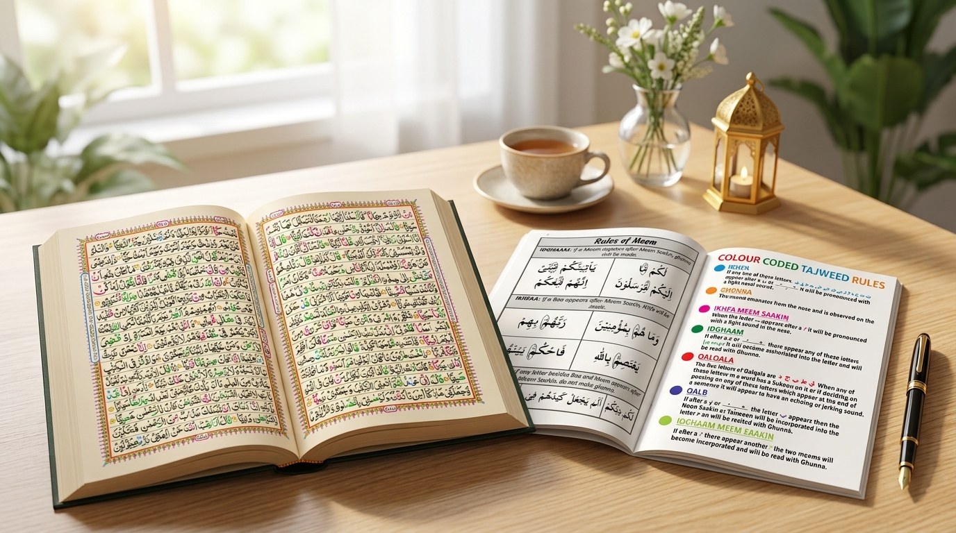 Open colour-coded Quran on a wooden stand beside a Thajweedh rules notebook and a lantern