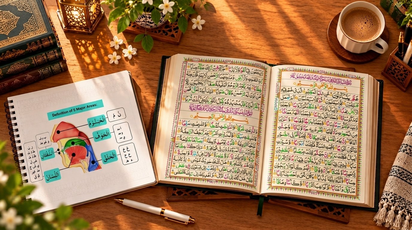 Makharij al-Huruf articulation chart beside an open colour-coded Quran on a sunlit wooden desk